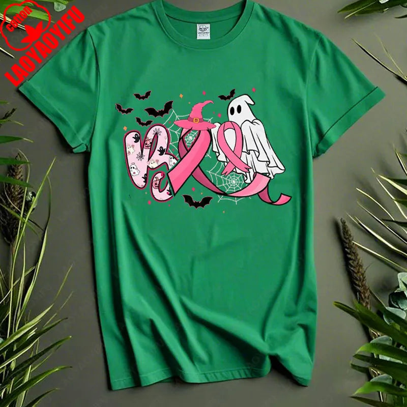 Boo Halloween Pumpkin Ghost Tee Men Women Cotton Tops in October We Wear Pink Ribbon Witch Roupas Breast Cancer Awareness Tshirt
