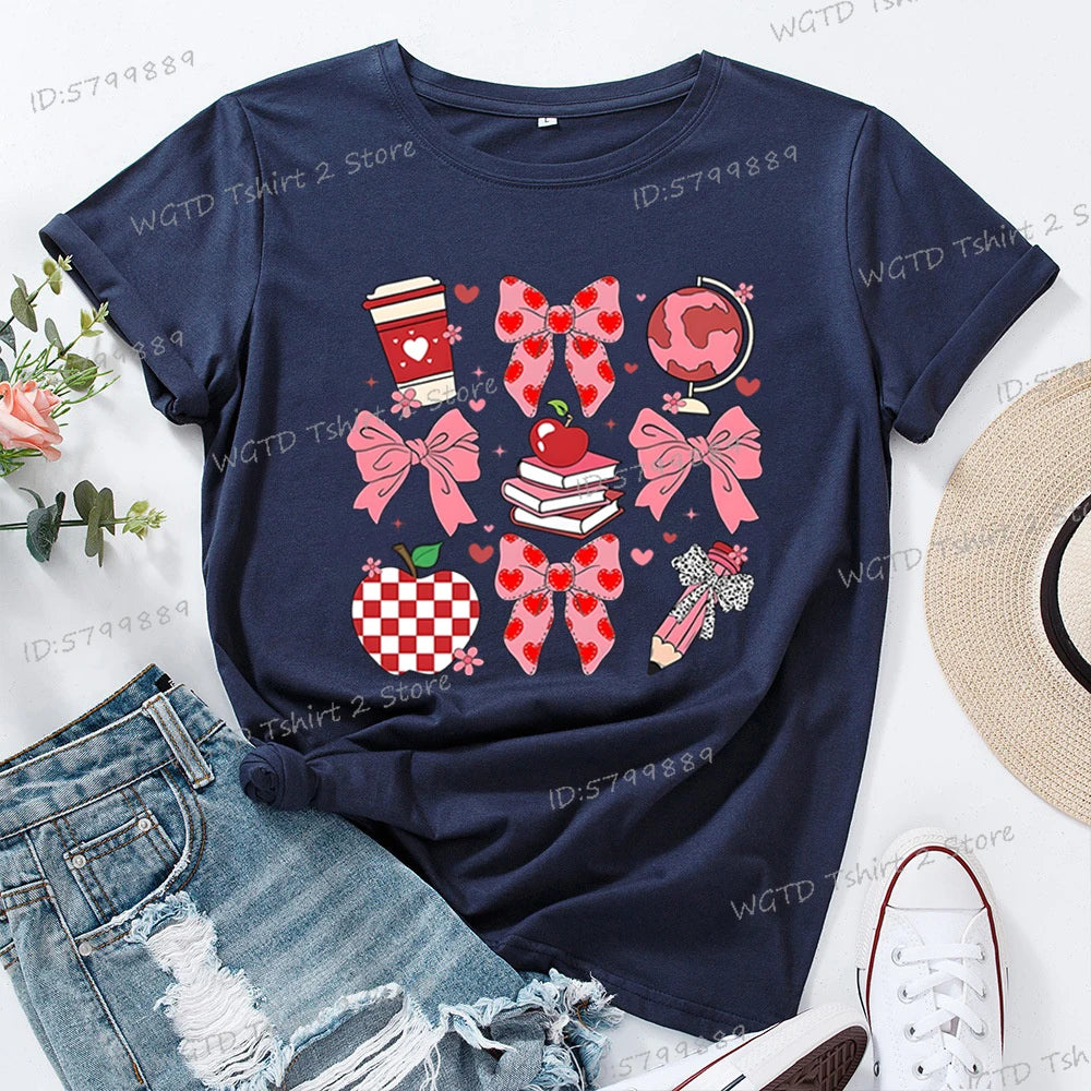Teacher's Day Graphic Print T-Shirt Teacher Gifts Pink Bows Coquette Crewneck Clothing Back To School Shirt Cute Teacher Tees