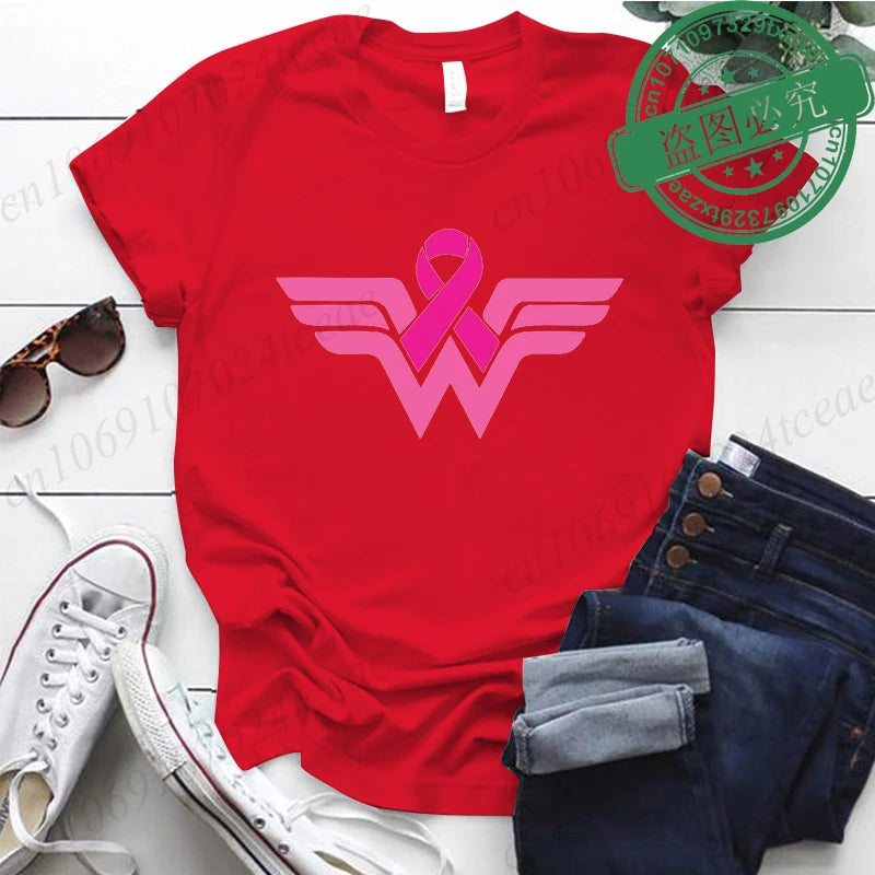 Summer Y2k Women T-shirt Cancer Ribbon Wonder Printed Female Clothing Short Sleeve Breast Cancer Awareness Tops Fighter Tees