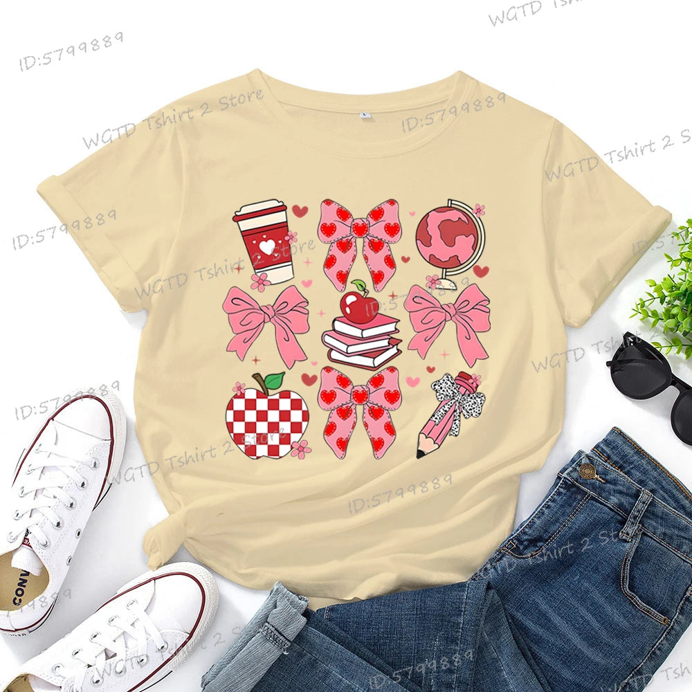 Teacher's Day Graphic Print T-Shirt Teacher Gifts Pink Bows Coquette Crewneck Clothing Back To School Shirt Cute Teacher Tees