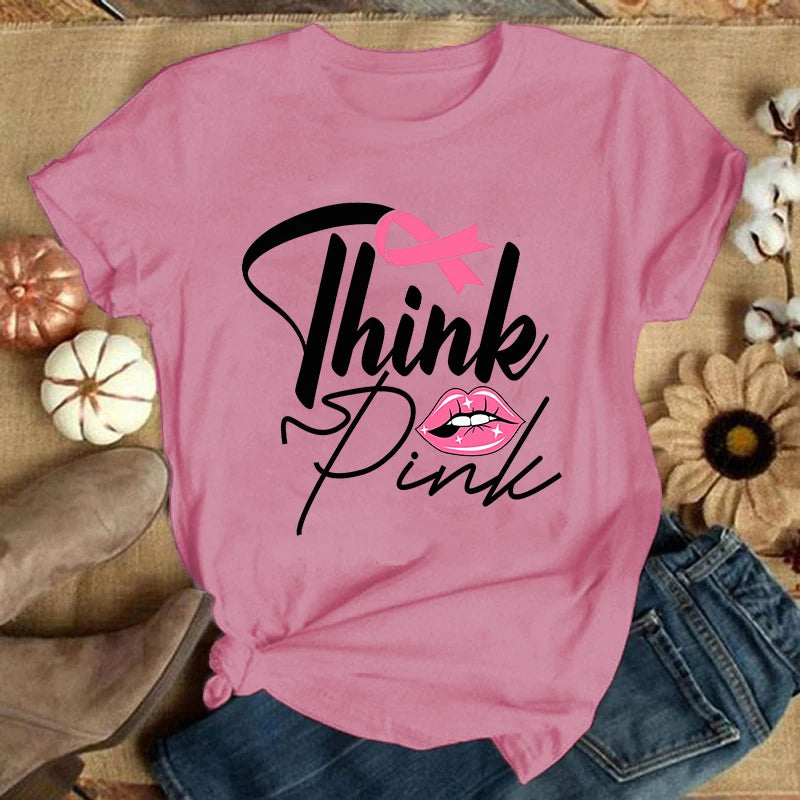 the THINK PINK - Breast Cancer Print Casual T-Shirt for Women, Summer Casual Short Sleeve Tops