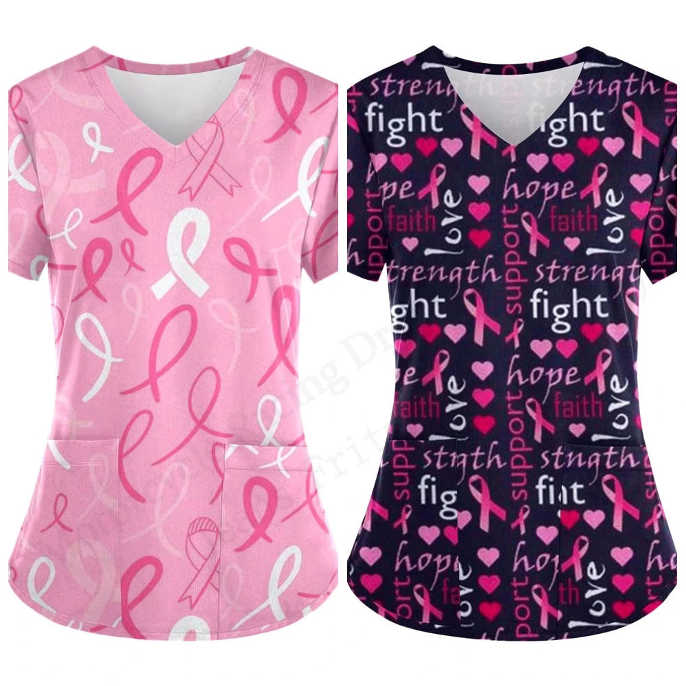 Love Nurse Uniform Scrubs Medical Uniform Pink Ribbon 3D Print V-Neck Pocket Short Sleeve Medical Uniforms Working Clothes New