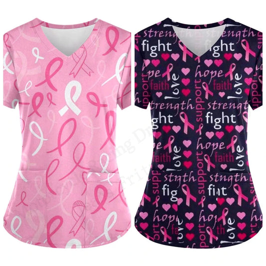 the PINK LADY NURSE - Love Nurse Uniform Scrubs, Medical Uniform Pink Ribbon 3D Print V-Neck Pocket Short Sleeve Medical Uniforms, Working Clothes