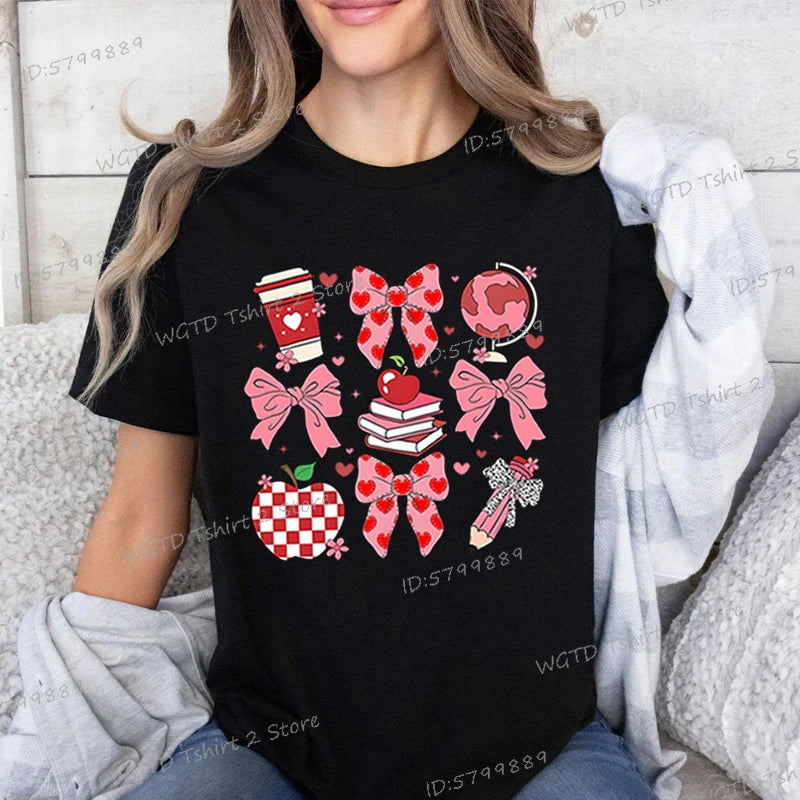 Teacher's Day Graphic Print T-Shirt Teacher Gifts Pink Bows Coquette Crewneck Clothing Back To School Shirt Cute Teacher Tees