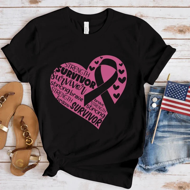 Breast Cancer Awareness Love Printed Women's Summer T-shirt Top Short Sleeved Round Neck Casual Women's Tshirt Clothing