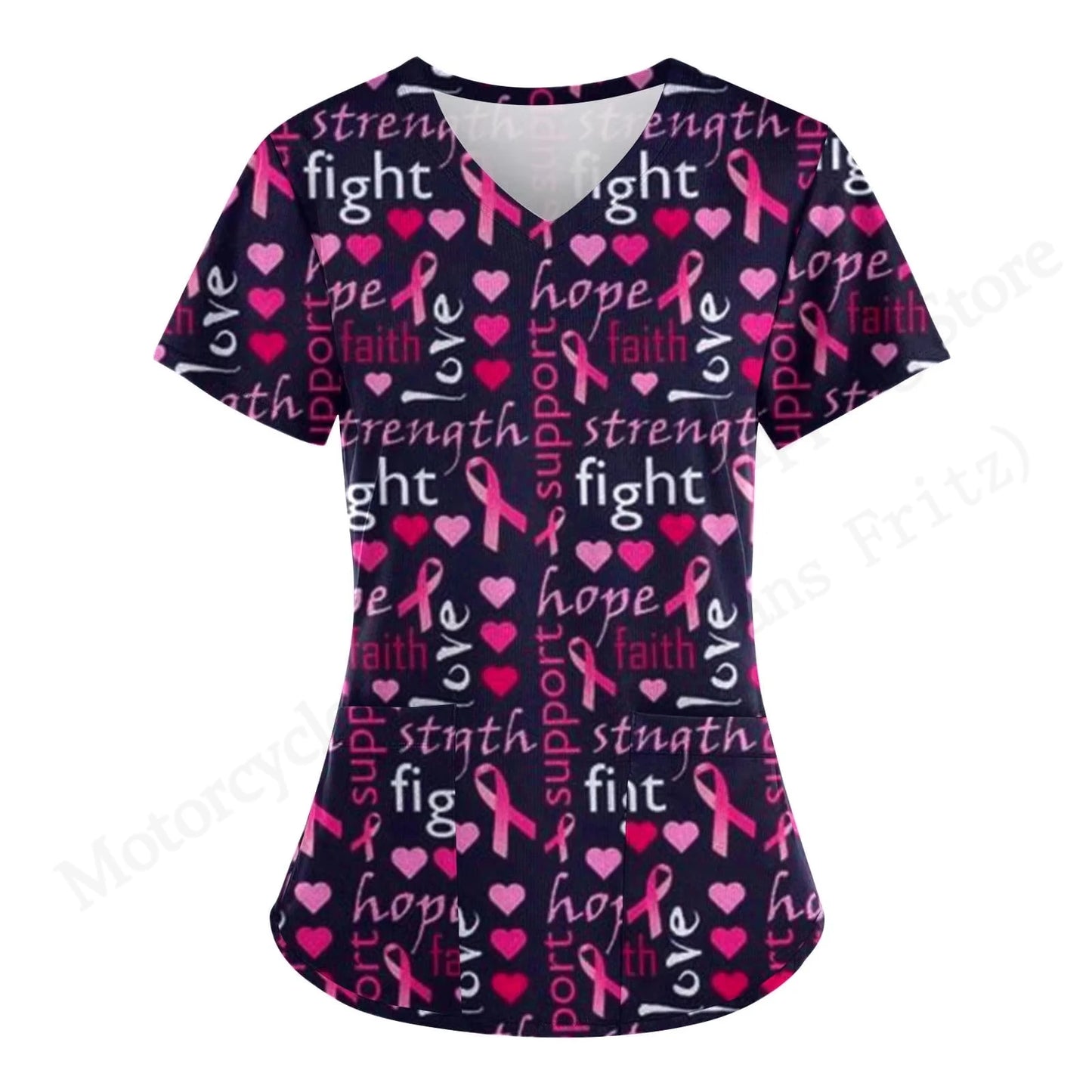 Love Nurse Uniform Scrubs Medical Uniform Pink Ribbon 3D Print V-Neck Pocket Short Sleeve Medical Uniforms Working Clothes New