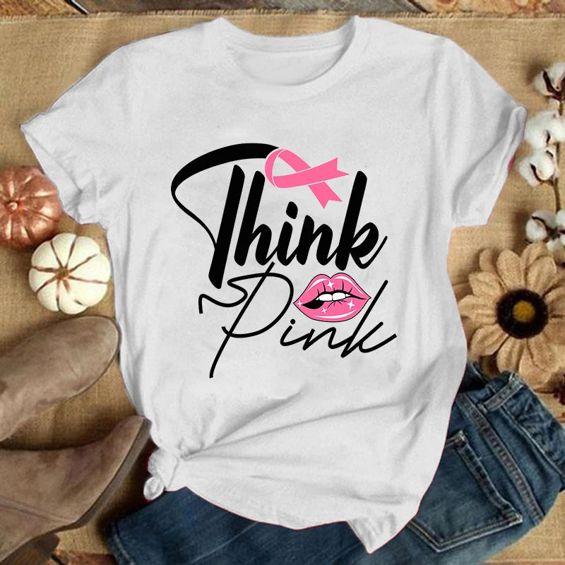 the THINK PINK - Breast Cancer Print Casual T-Shirt for Women, Summer Casual Short Sleeve Tops