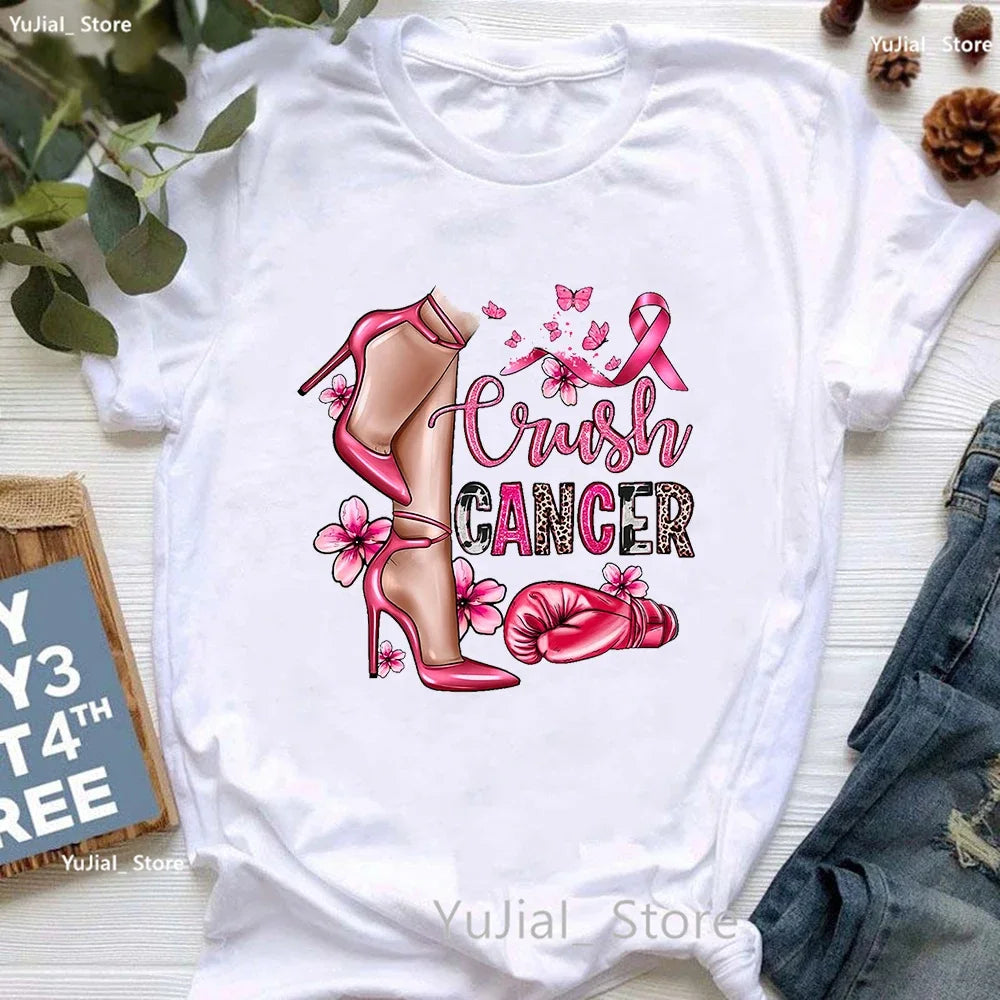 Breast Cancer Awareness Print T Shirt Women Pink High Shoes Tshirt Femme Summer Short Sleeve T-Shirt Female Dropshipping