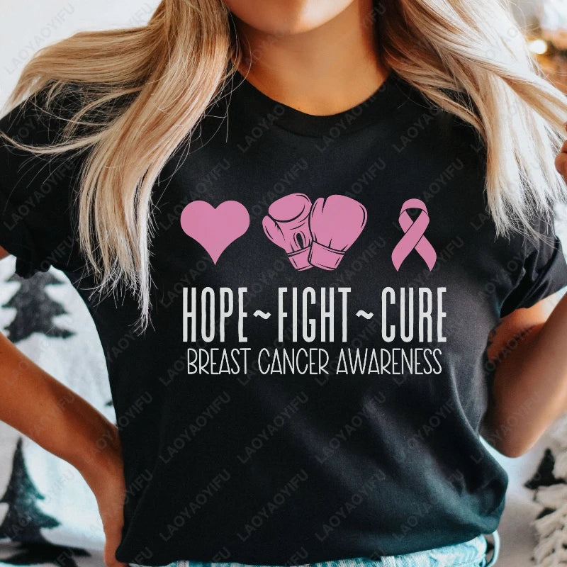 Fashion Breast Cancer Cotton Shirt Pink Breast Cancer Awareness T-Shirt Supporter Crew Tees Retro Cotton Woman Short-sleeve Tops