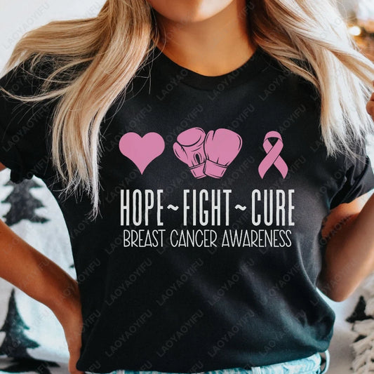 the HOPE, FIGHT, CURE - Fashion Breast Cancer Cotton Shirt, Pink Breast Cancer Awareness T-Shirt, Supporter Crew Tees, Retro Cotton Woman Short-sleeve Tops