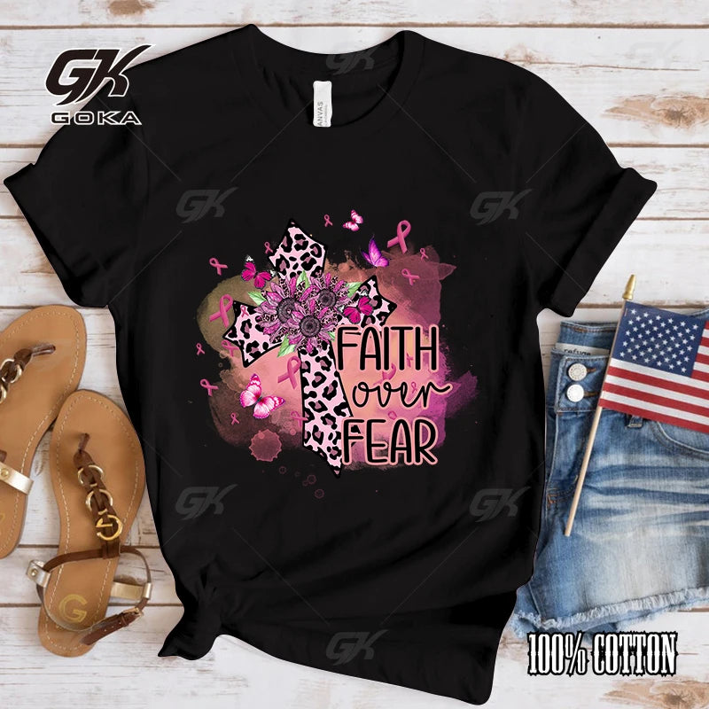 the CROSS - Breast Cancer Awareness Faith Over Fear Print T-Shirt