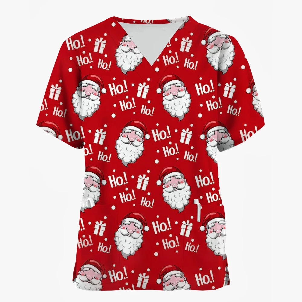 Christmas Medical Scrubs for Women Cartoon Pattern Print Dental Nurse Tops Fashion V-Neck Short Sleeve Clinical Uniform Woman