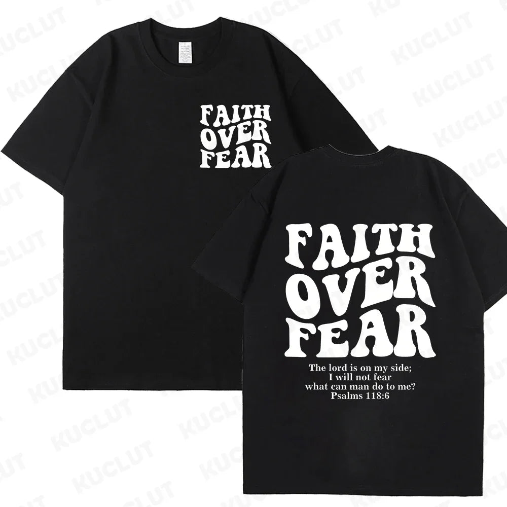 the FAITH OVER FEAR - Christian Women T-Shirts, Christian Clothes, Jesus Fashion Trendy T-Shirts Bible Verse Sportwear Aesthetic Clothes