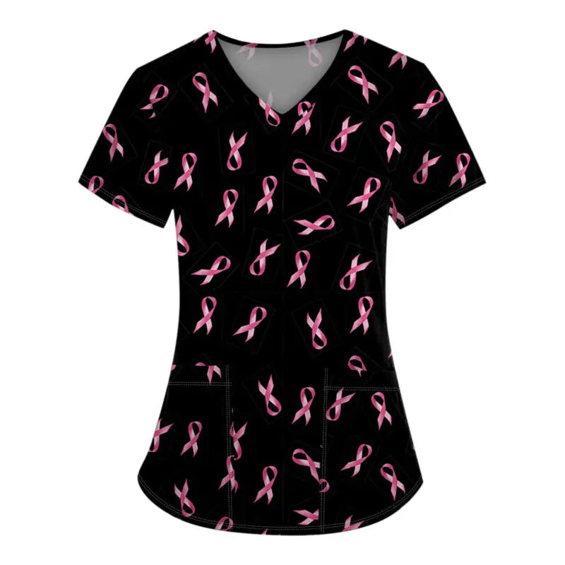 Surgical Uniforms Woman Pink Ribbon Print Heal Nurse Tops V-Neck Short Sleeve Patch Pocket Cancer Fighter Clinical Uniform Woman