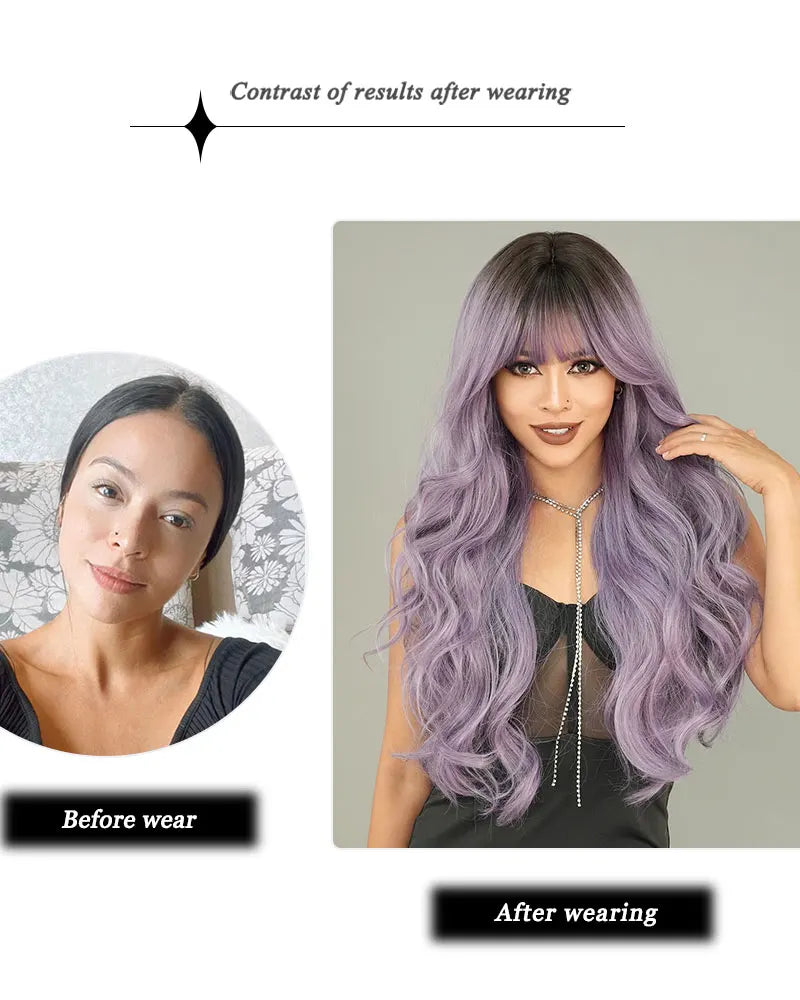 the GODDESS - Long Wavy Grey Purple Wig for Women, Cosplay Daily Party Overhead Dyeing Wavy Synthetic Heat-Resistant Wigs
