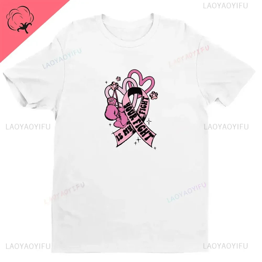 Breast Cancer Awareness Fight Print T Shirt in October We Wear Pink Awareness Ribbon Aesthetic Clothes Pink and White Tops Shirt