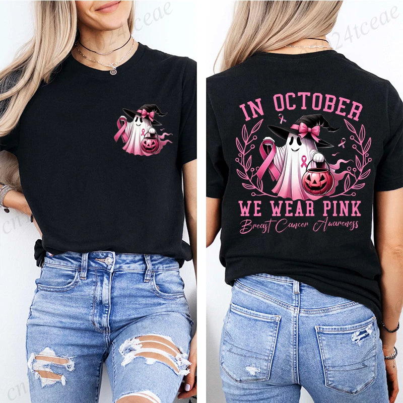 In October We Wear Pink Print Tshirt Women Fashion T Shirt Casual Summer Tee Shirts Breast Cancer Streetwear Short Sleeve Shirt