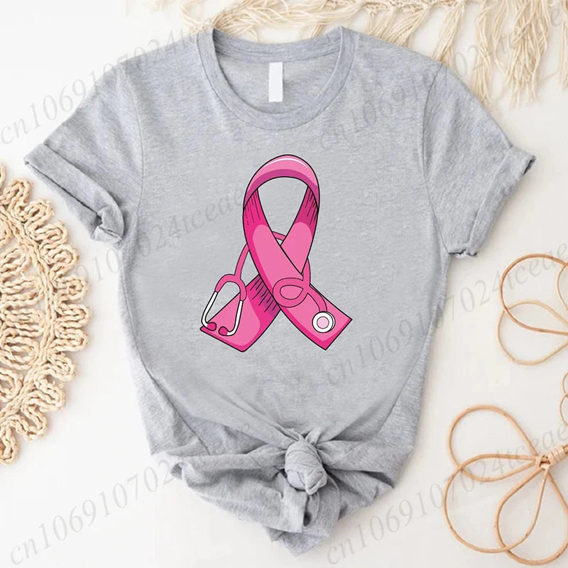 Breast Cancer Doctor Print Tshirt Women Breast Cancer Warrior Graphic Aesthetic T Shirt Pink Stethoscope Tshirt Ladies Clothing