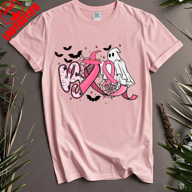 Boo Halloween Pumpkin Ghost Tee Men Women Cotton Tops in October We Wear Pink Ribbon Witch Roupas Breast Cancer Awareness Tshirt