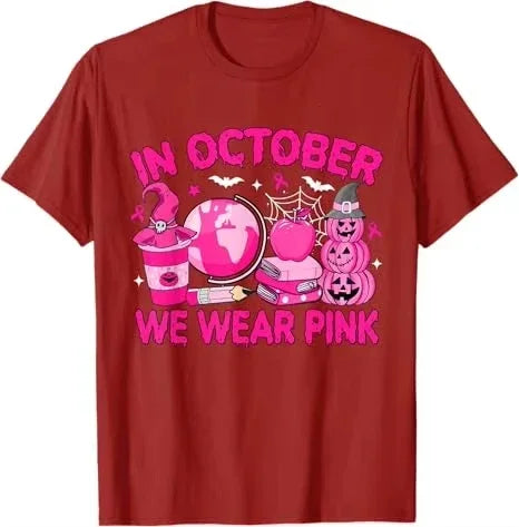 In October We Wear Pink Breast Cancer Awareness T-Shirt  Saying Tee Pink Ribbon Ghost Halloween Costume Gift