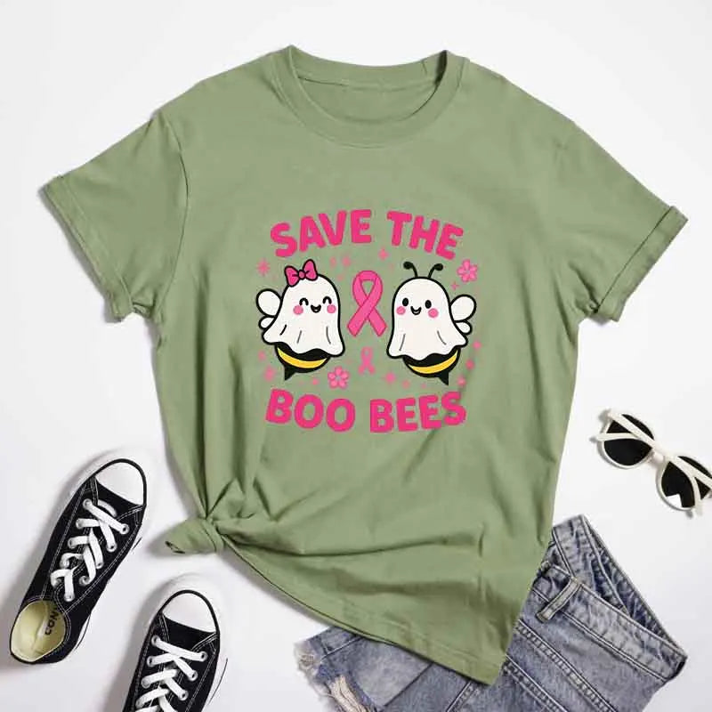 the SAVE THE BOO-BEES - Halloween "Save the Boo Bees" Tees, Funny Ghost Bee Breast Cancer Awareness T-Shirt, Cute Strong Women Pink Ribbon T-Shirt