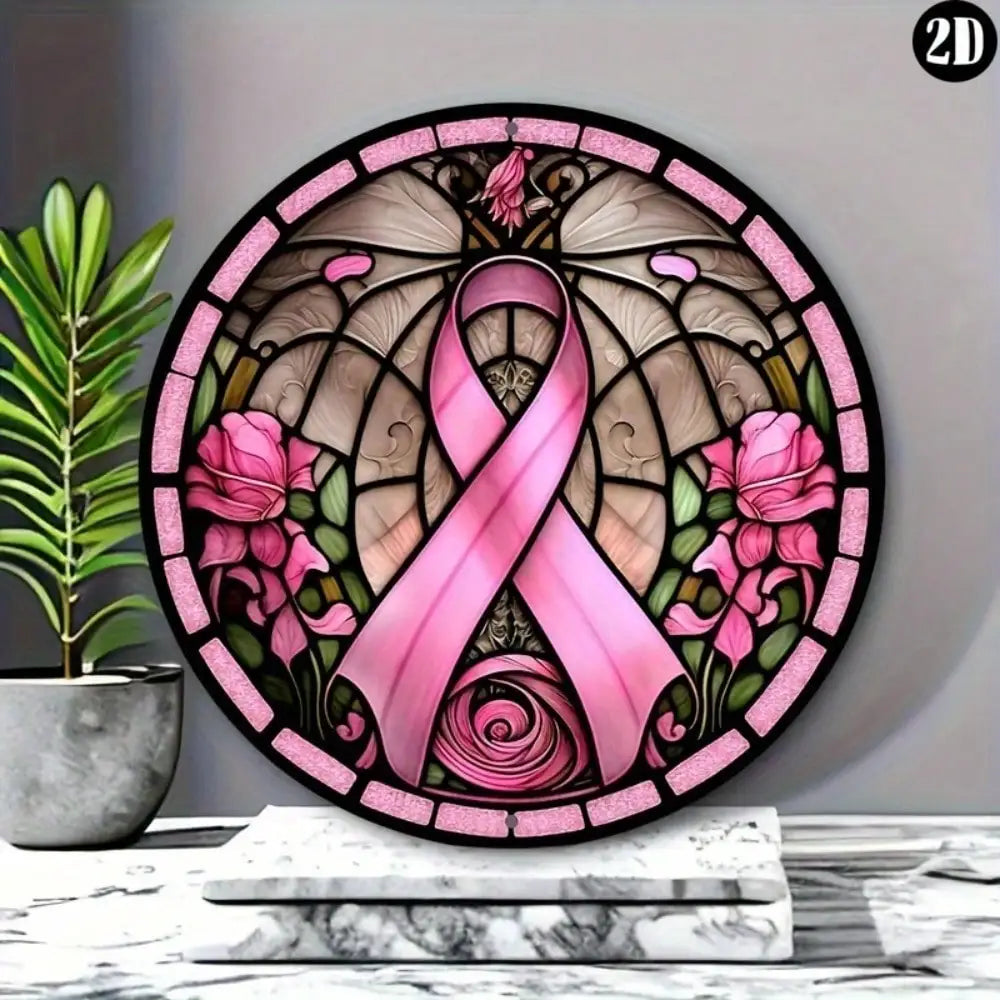 1pc 8"x8" Round Aluminum Breast Cancer Awareness Sign - Pink Ribbon Wreath Design, Perfect Decor for Home/Kitchen/Garden/Office