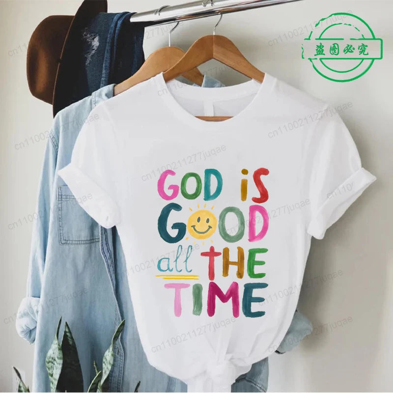 the GOD IS GOOD - God Is Good All the Time Print T-Shirts, Women Summer T Shirt Bible Verse Funny Tops Tee, Christian Jesus Female Casual Clothing