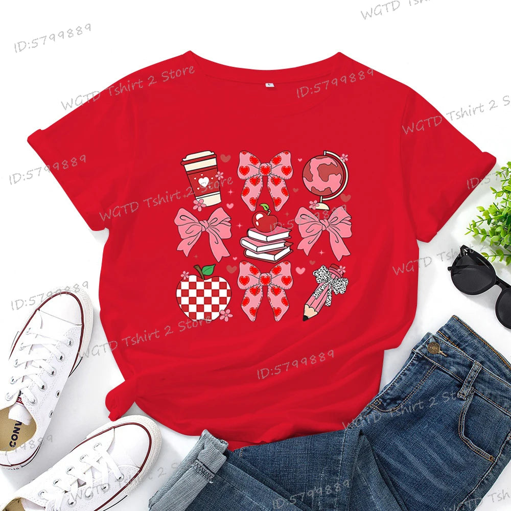 Teacher's Day Graphic Print T-Shirt Teacher Gifts Pink Bows Coquette Crewneck Clothing Back To School Shirt Cute Teacher Tees