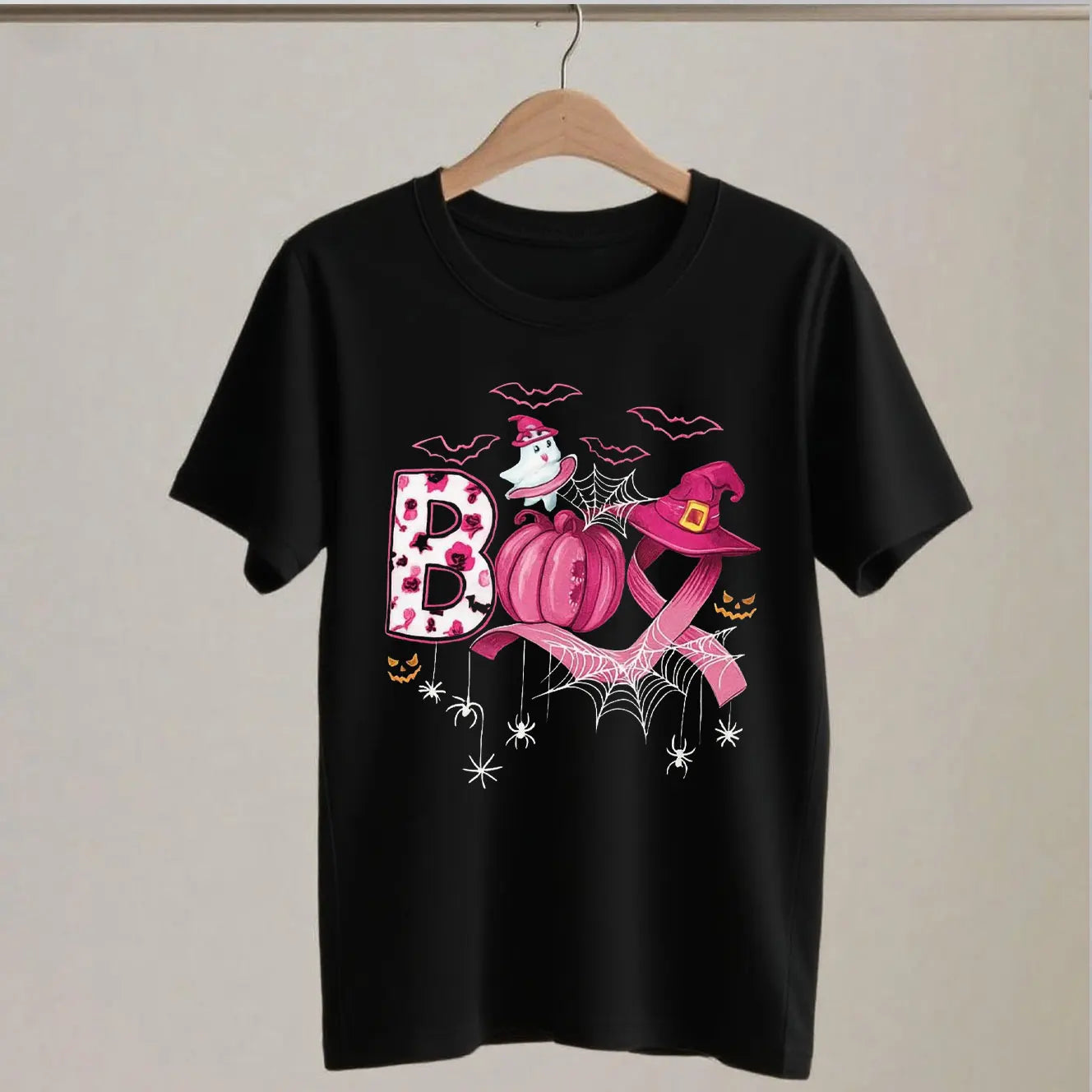 Breast Cancer Boo Shirts Pink Pumpkin Witch Hat Halloween Cancer Tshirt Cancer Awareness Gift Pink October Tee Cotton Tee Tops