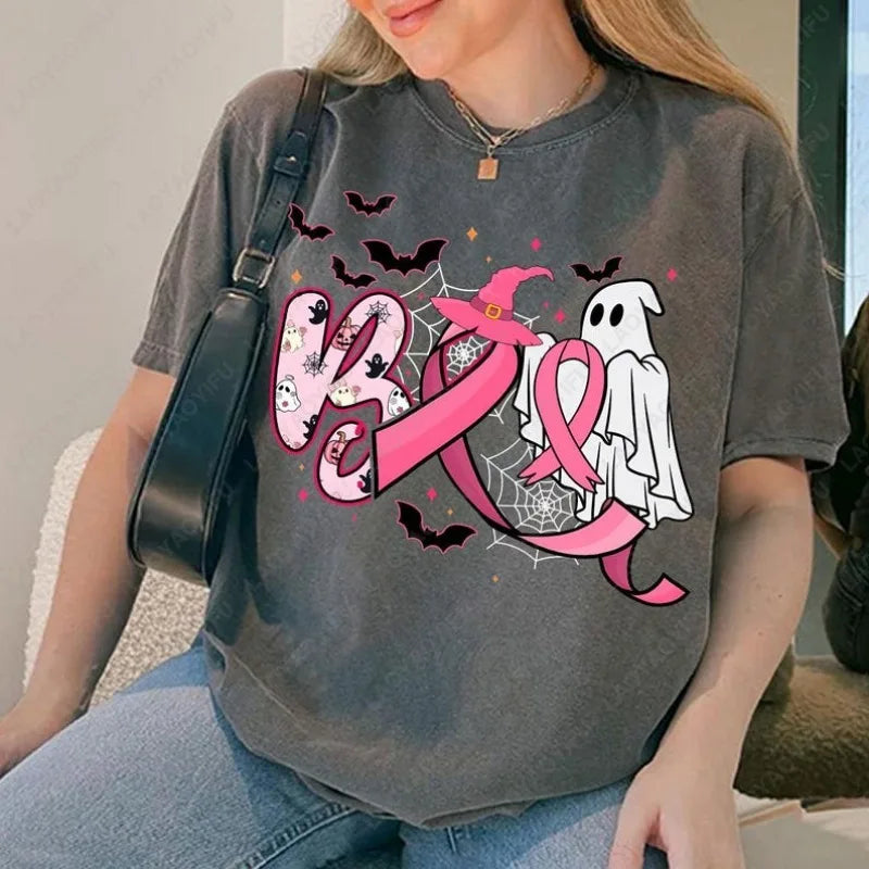 Boo Halloween Pumpkin Ghost Tee Men Women Cotton Tops in October We Wear Pink Ribbon Witch Roupas Breast Cancer Awareness Tshirt