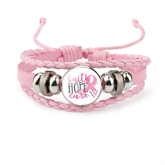 the ROPER - Breast Cancer Awareness Hope Bracelet for Women, Pink Ribbon Charm Braided Leather Rope Wrap Bangle Fashion handmade Jewelry