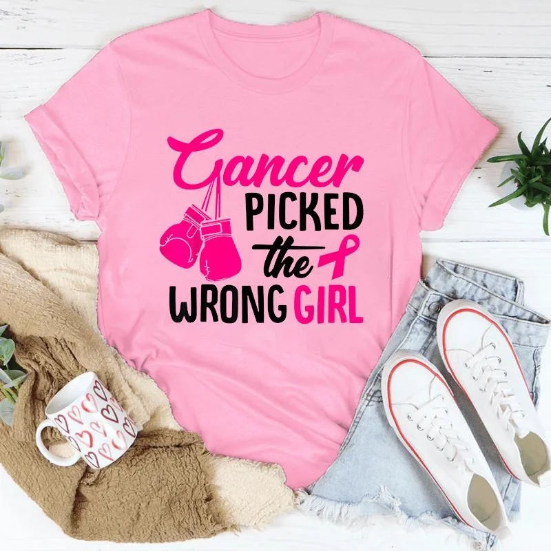 Breast Cancer Cancer Picked The Wrong Girl Printing T-Shirt Fashion Short Sleeve Summer Cool Hip Hop Top Tee