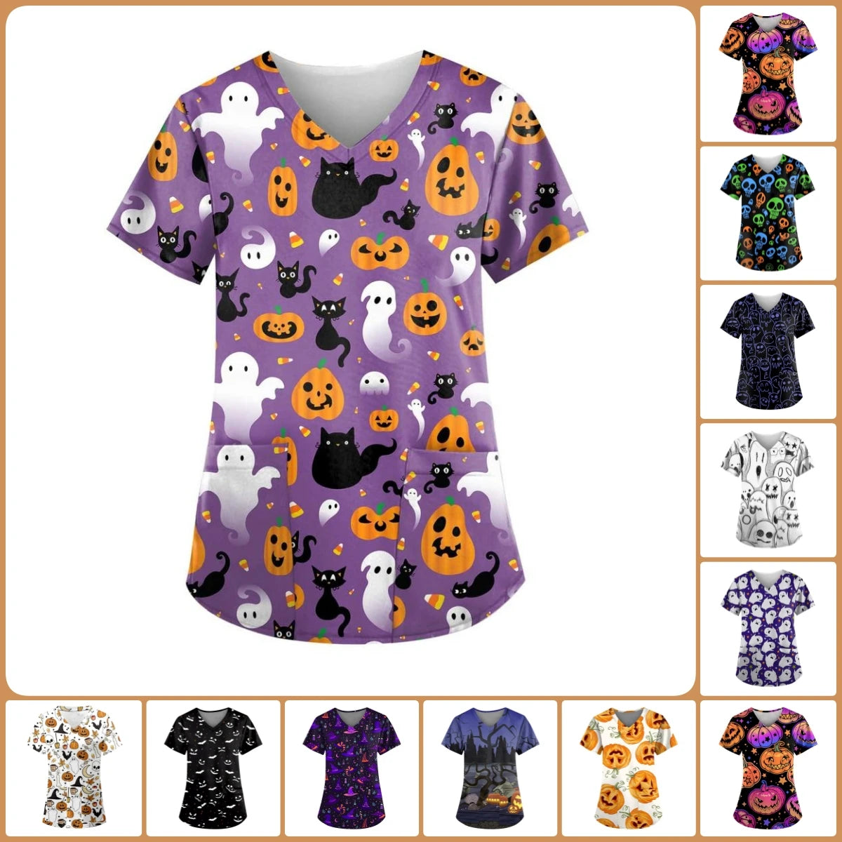 Women's Hospital Uniform Halloween Cartoon Print Dental Nurse Tops V-Neck Short Sleeve with Pocket Tee Medical Uniform for Women