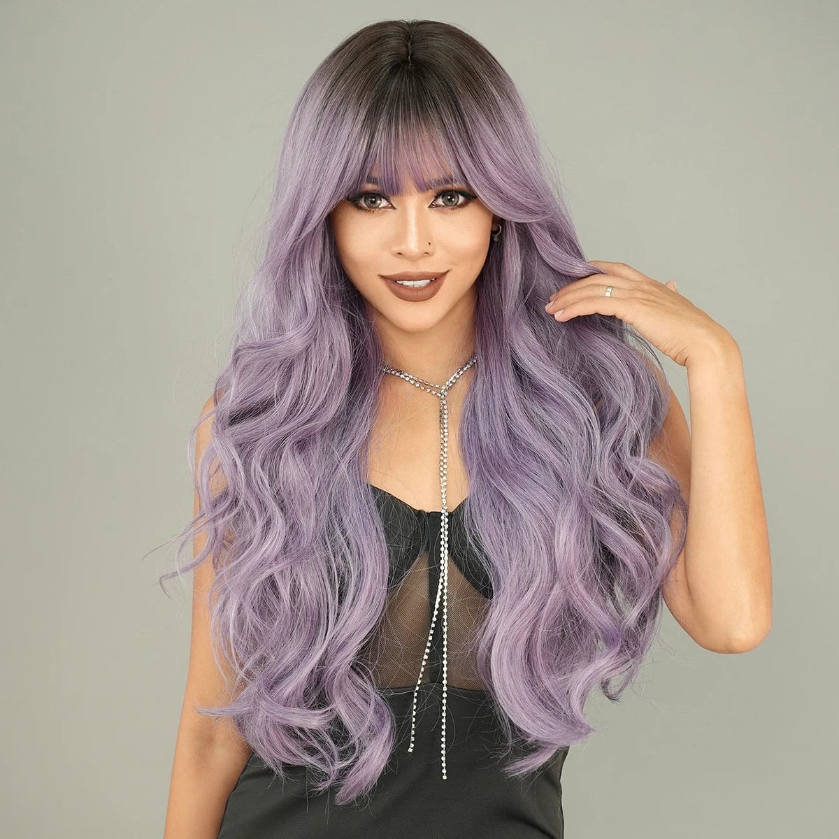 the GODDESS - Long Wavy Grey Purple Wig for Women, Cosplay Daily Party Overhead Dyeing Wavy Synthetic Heat-Resistant Wigs