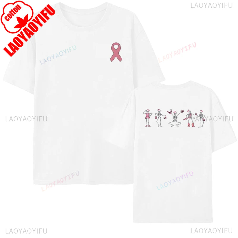 Breast Cancer Awareness Pink Ribbon Skeleton T-Shirt Halloween Gift Dancing Bones Shirt Women Men Unisex Comfortable Cotton Tee