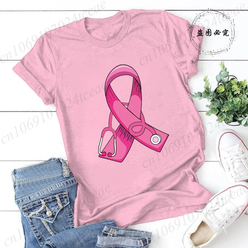 Breast Cancer Doctor Print Tshirt Women Breast Cancer Warrior Graphic Aesthetic T Shirt Pink Stethoscope Tshirt Ladies Clothing
