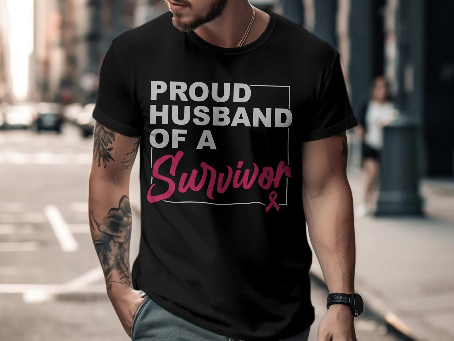 Proud Husband of a Survivor T Shirt Breast Cancer Awareness Support Ribbon Love and Apparel