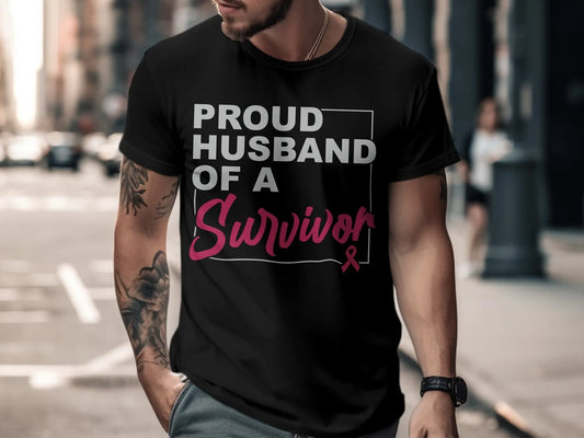 Proud Husband of a Survivor T Shirt Breast Cancer Awareness Support Ribbon Love and Apparel