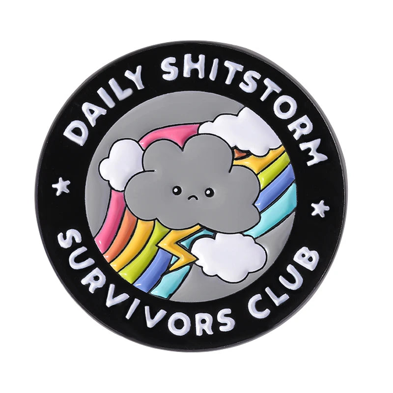 the SHITSTORM SURVIVOR - Daily Shitstorm Survivors Club Enamel Pin, Cartoon Dark Clouds Rainbow Brooch Lapel, Badge Jewelry Gift for Friends