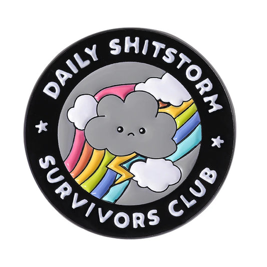 the SHITSTORM SURVIVOR - Daily Shitstorm Survivors Club Enamel Pin, Cartoon Dark Clouds Rainbow Brooch Lapel, Badge Jewelry Gift for Friends
