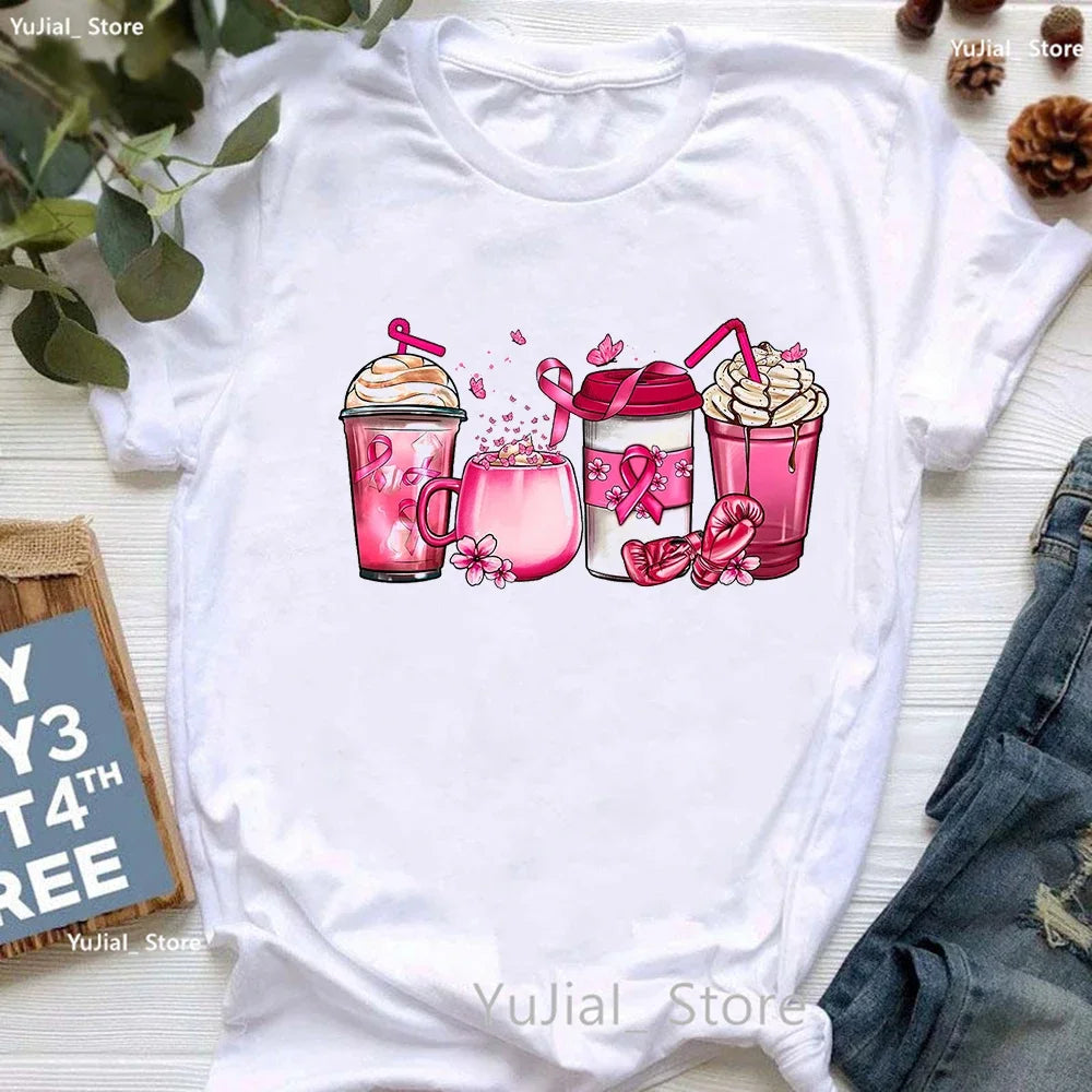 Breast Cancer Awareness Print T Shirt Women Pink High Shoes Tshirt Femme Summer Short Sleeve T-Shirt Female Dropshipping