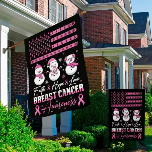 the SNOWMAN TRIO - Faith Hope Love Pink Ribbon Breast Cancer Awareness Garden Flag