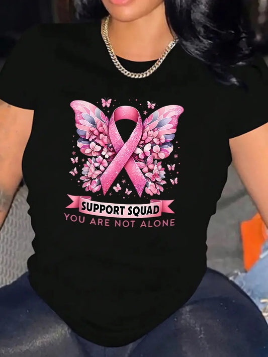 Women's Breast Cancer Awareness Butterfly Ribbon Print Harajuku Short Sleeve Casual Women's Clothing Street Aesthetic Clothes