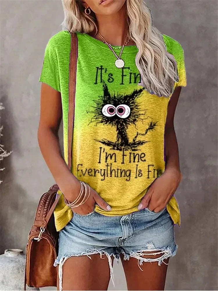 the I'M FINE - 3D Print T-Shirts Women Streetwear Summer Cartoon Cats Fine, Casual Fashion Short Sleeve T Shirt O-neck Tees Tops Clothing