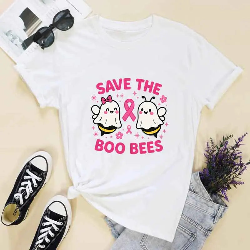 the SAVE THE BOO-BEES - Halloween "Save the Boo Bees" Tees, Funny Ghost Bee Breast Cancer Awareness T-Shirt, Cute Strong Women Pink Ribbon T-Shirt