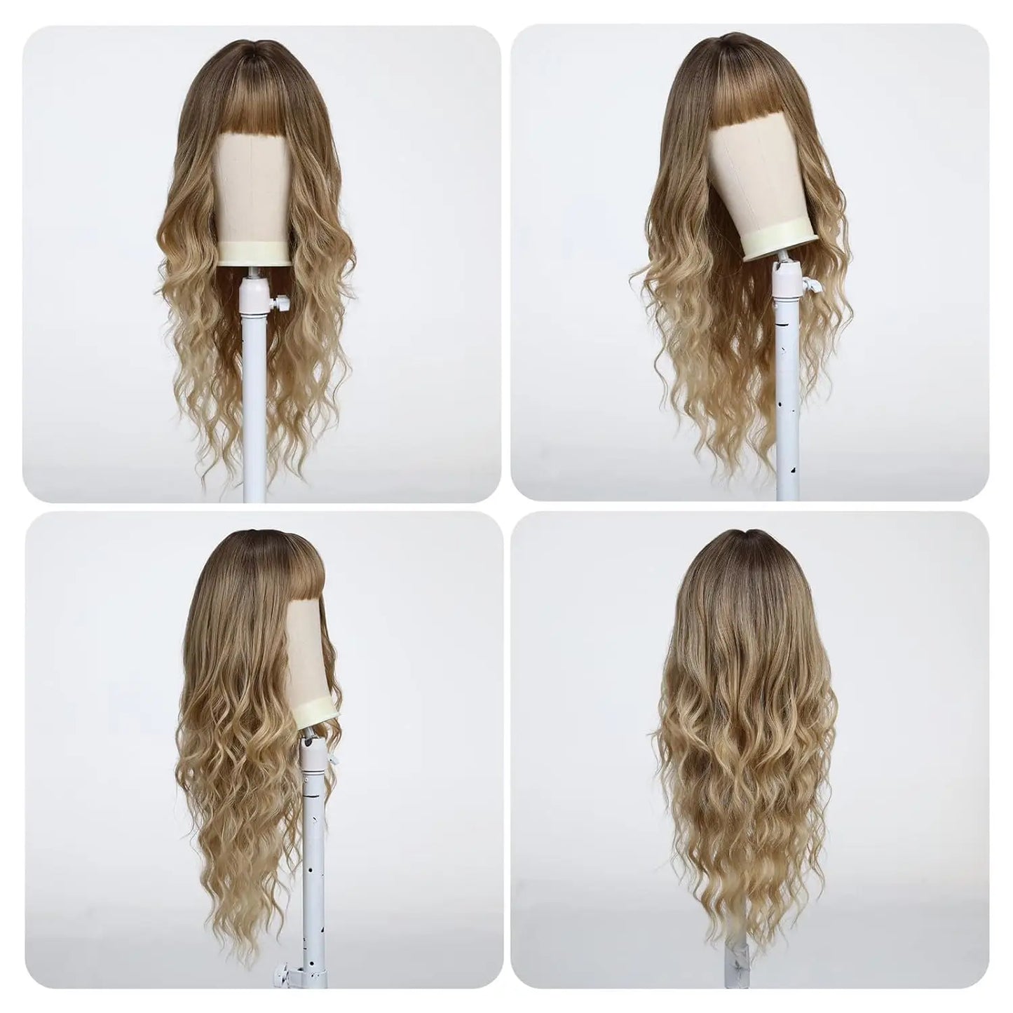 the BANG BADDIE - Ombre Brown Synthetic Long Wavy Wig with Fluffy Bangs for Women, Natural Hair Brown Blonde Highlight Wigs for Daily Cosplay Use