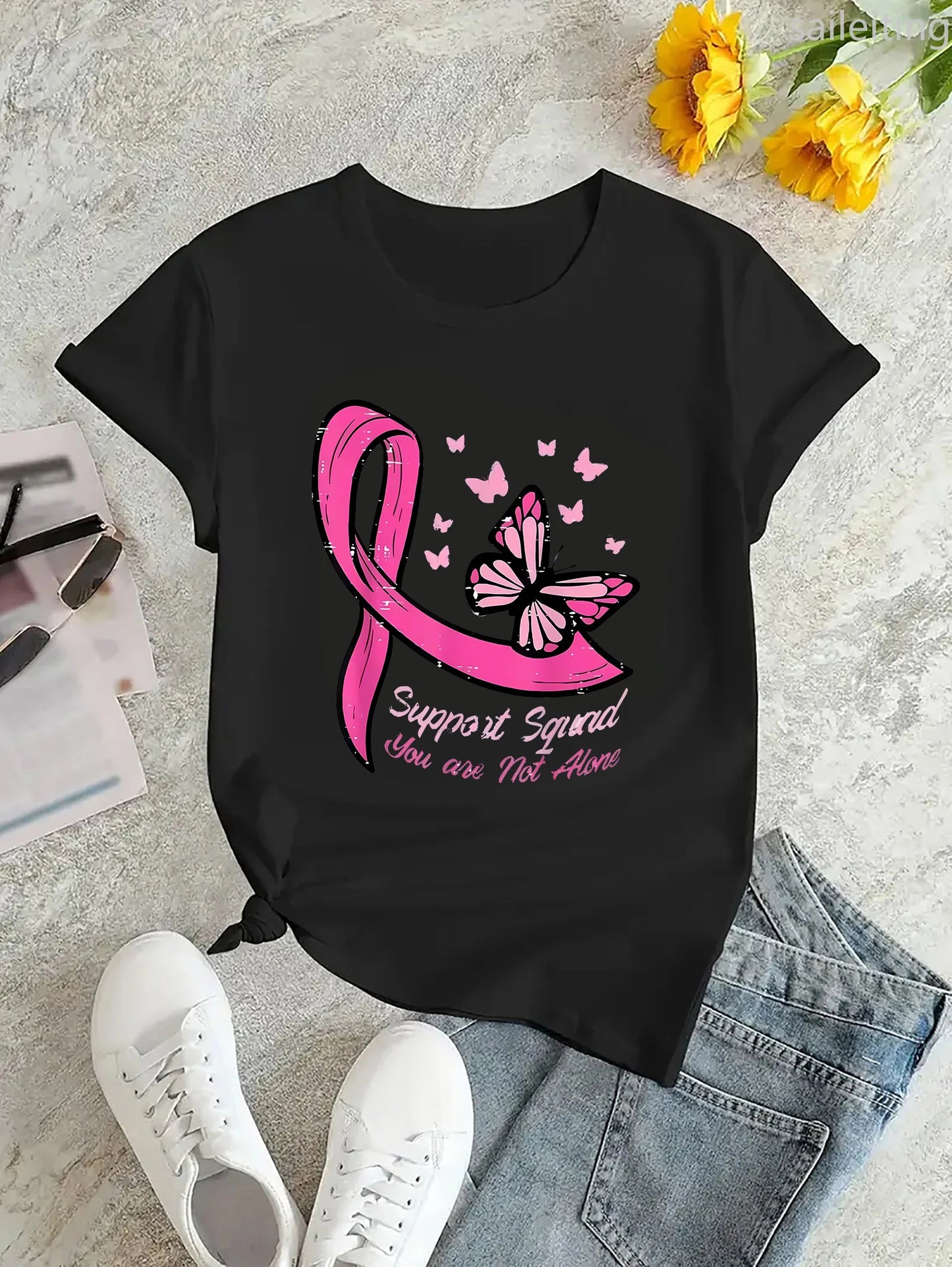 Women's Casual Sports TShirt Round Neck Sleeve Pink Butterfly Breast Cancer Awareness Print Comfortable Summer Aesthetic Clothes