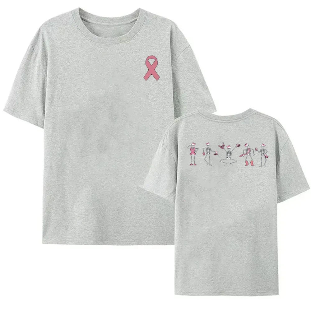Breast Cancer Awareness Pink Ribbon Skeleton T-Shirt Halloween Gift Dancing Bones Shirt Women Men Unisex Comfortable Cotton Tee