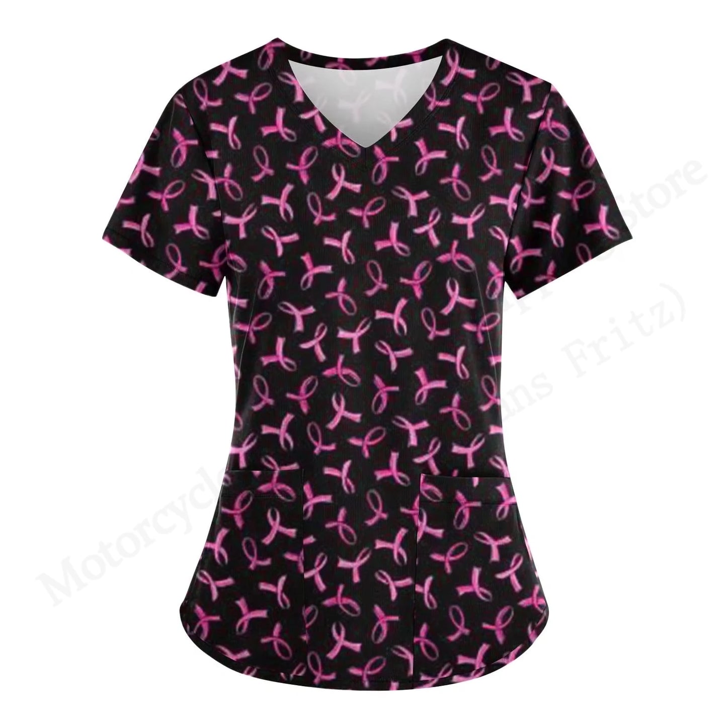 Love Nurse Uniform Scrubs Medical Uniform Pink Ribbon 3D Print V-Neck Pocket Short Sleeve Medical Uniforms Working Clothes New