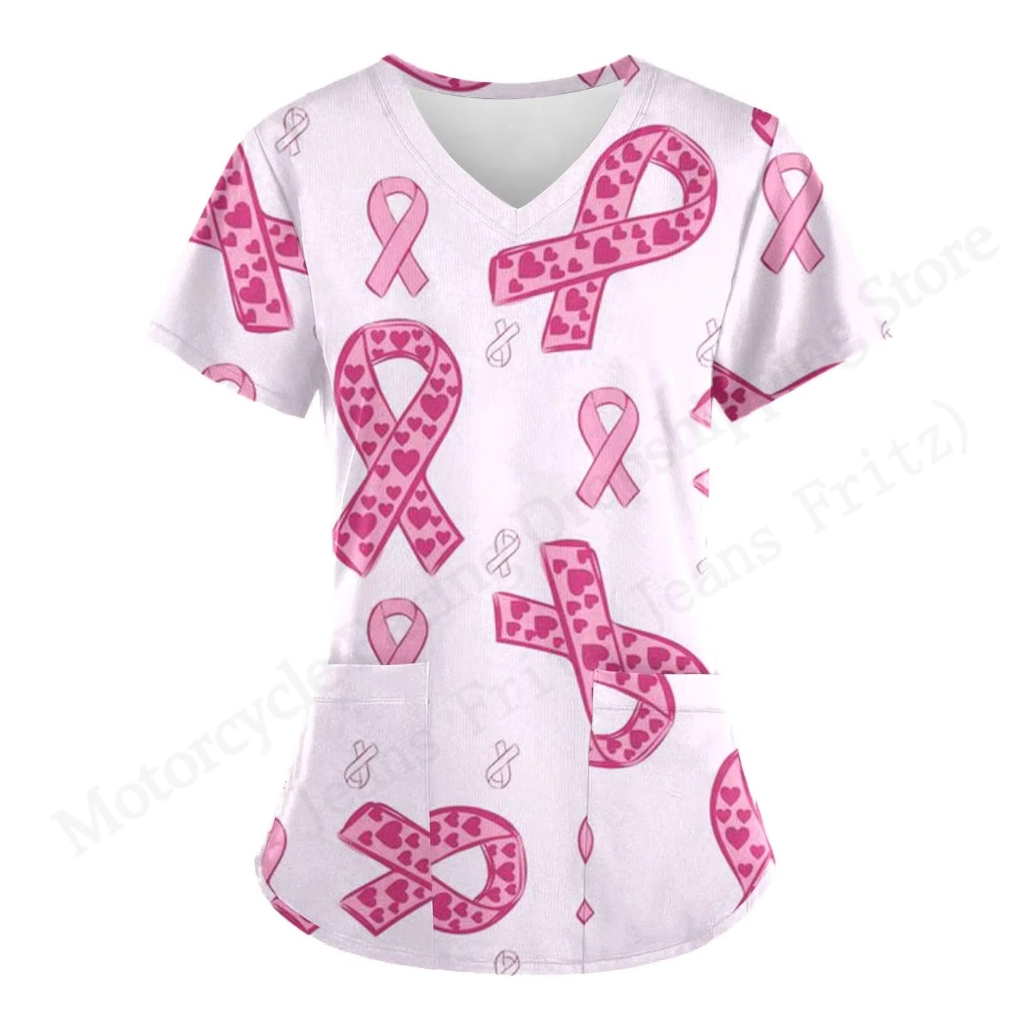 Love Nurse Uniform Scrubs Medical Uniform Pink Ribbon 3D Print V-Neck Pocket Short Sleeve Medical Uniforms Working Clothes New